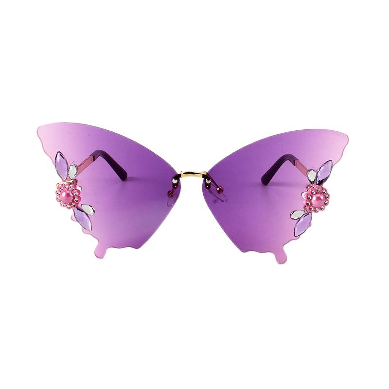 Floral & Rhinestones Gradient Rimless Butterfly Sunglasses Gold-Tone/Purple
