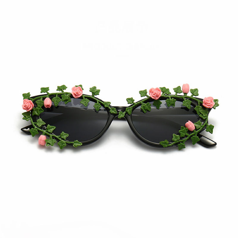 Flower Decor Oval Womens Sunglasses Black Frame Grey Lens