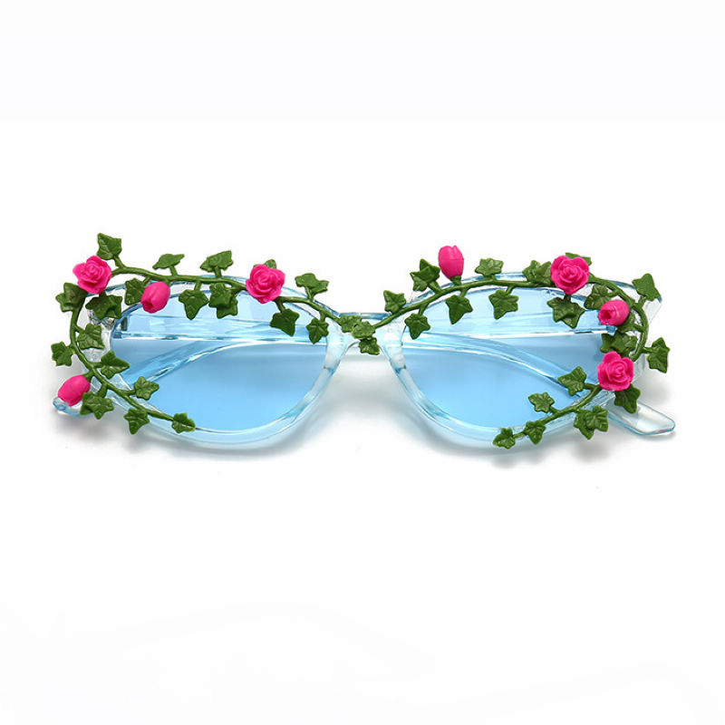 Flower Decor Oval Womens Sunglasses Transparent Blue Frame