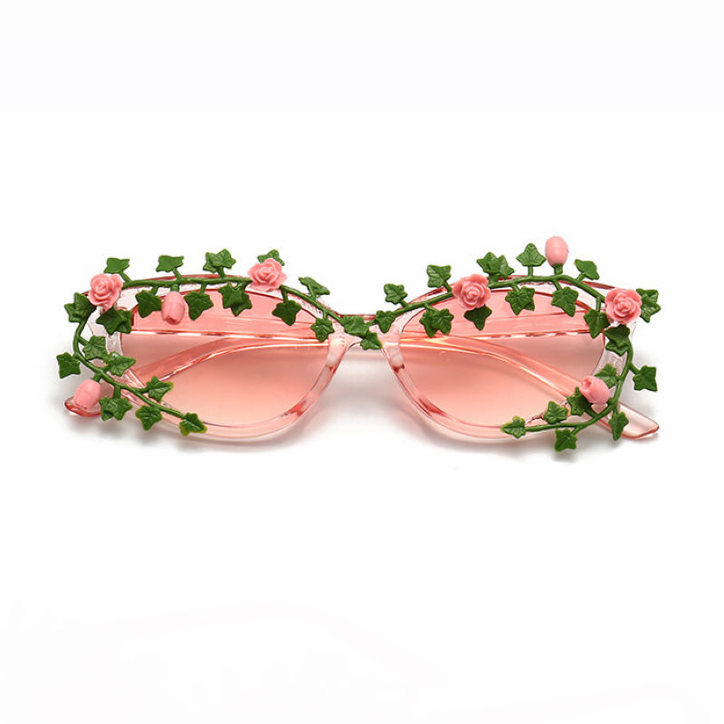 Flower Decor Oval Womens Sunglasses Transparent Pink Frame