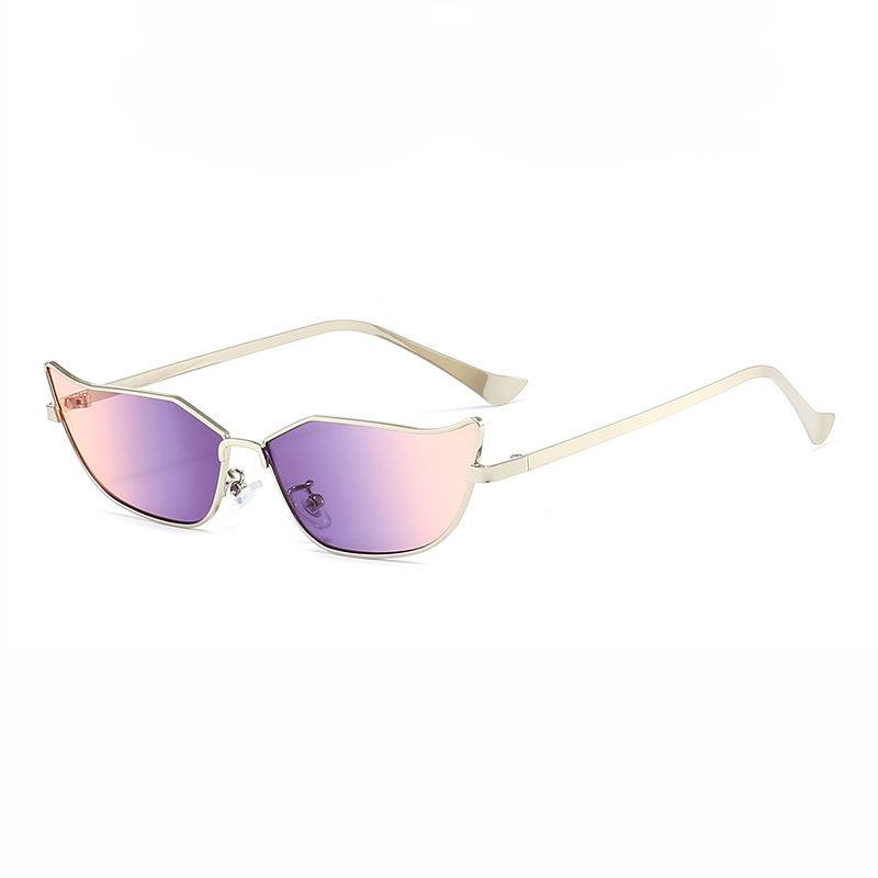 Geometric Angled Cat-Eye Womens Gradient Sunglasses Silver Frame Purple Pink Lens