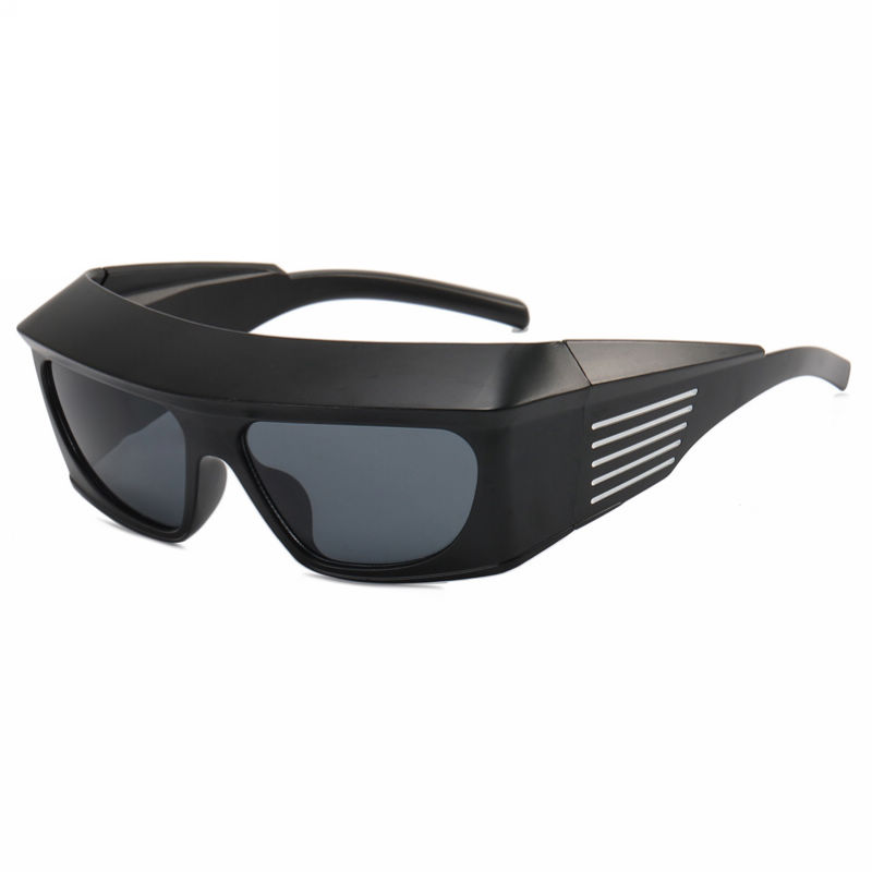 Goggle-Style Acetate Wraparound Sunglasses Black Frame Grey Lens