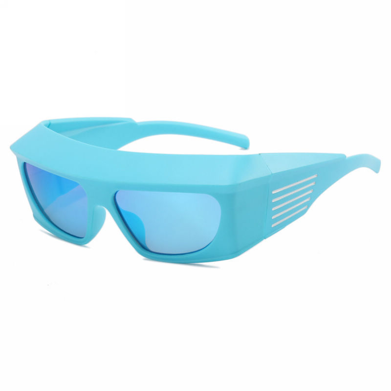 Goggle-Style Acetate Wraparound Sunglasses Blue Frame Mirrored Blue Lens