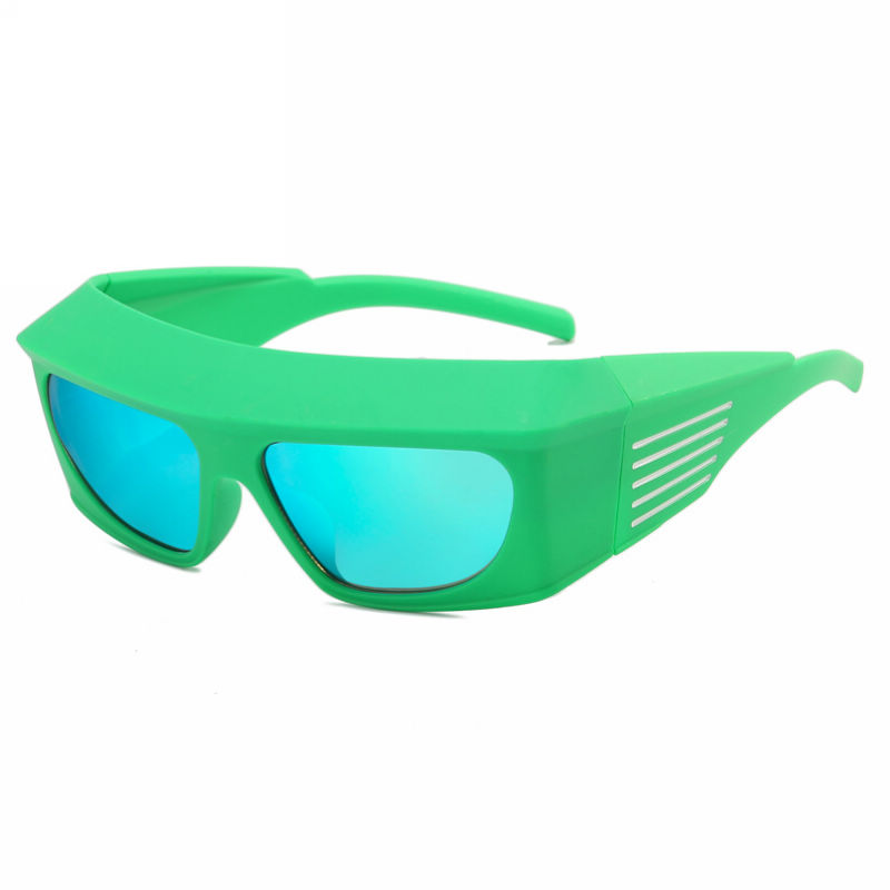 Goggle-Style Acetate Wraparound Sunglasses Green Frame Mirrored Green Lens