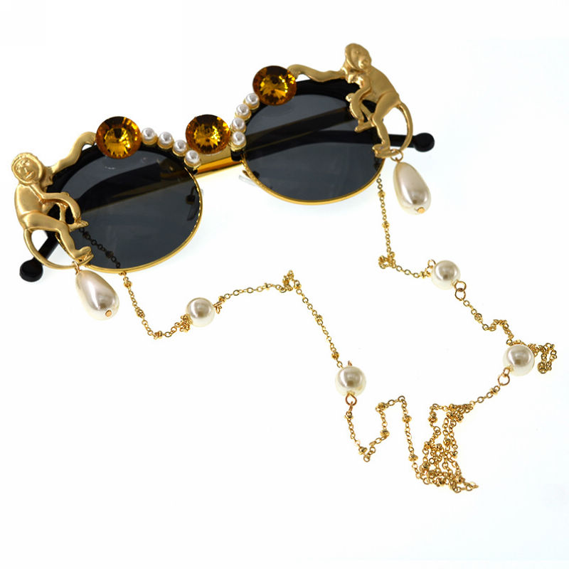 Gold Metal Monkey Baroque Cat-Eye Round Sunglasses with Pearl Chain Black Frame Grey Lens