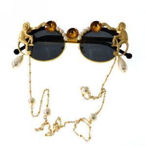 Gold Metal Monkey Baroque Cat-Eye Round Sunglasses with Pearl Chain Black/Grey