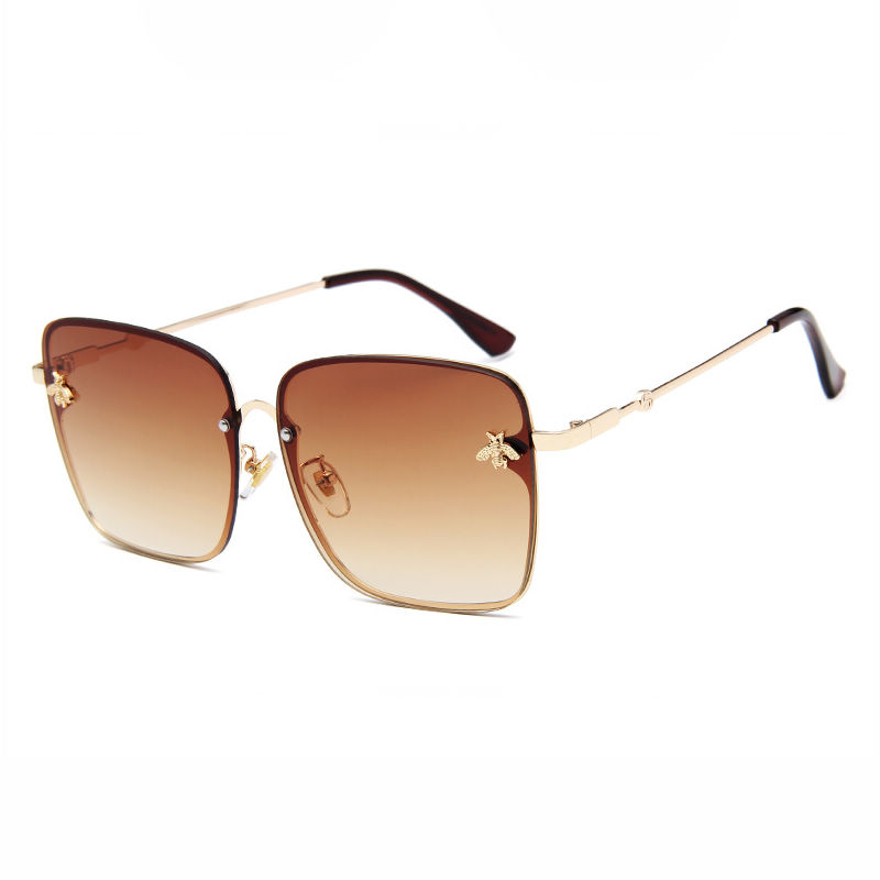 Gradient Brown Bee-Embellished Metal Big Square Womens Sunglasses