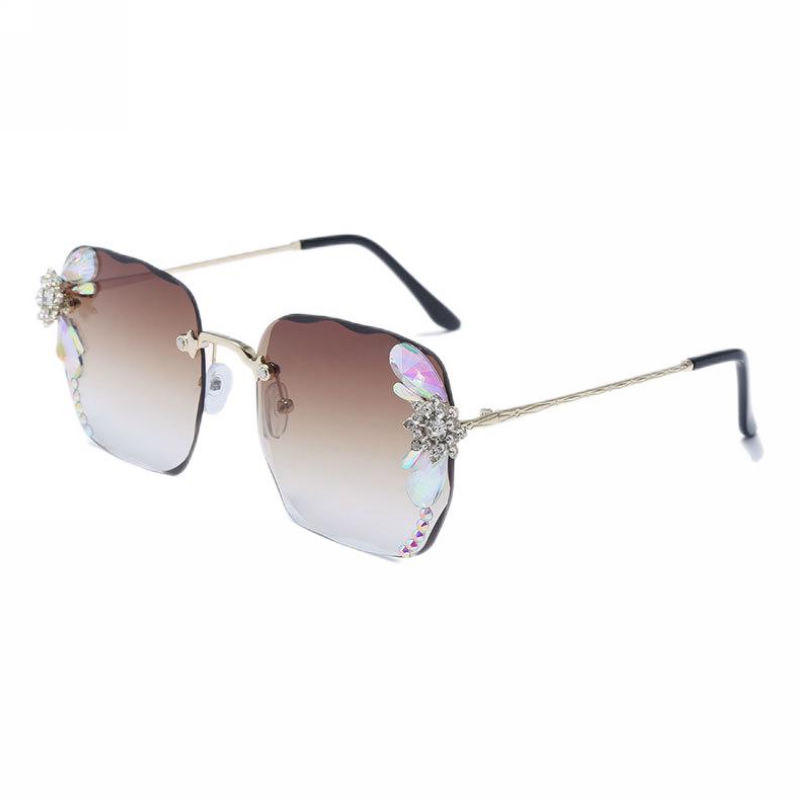 Gradient Brown Floral & Rhinestone Rimless Square Sunglasses