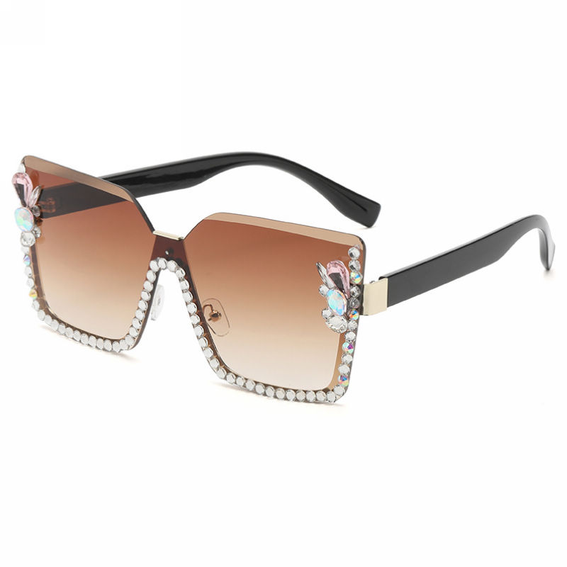 Gradient Brown Rhinestone-Embellished Bling Frameless Oversized Sunglasses