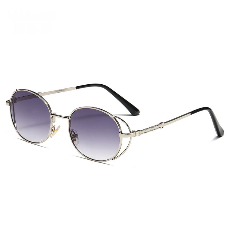 Gradient Grey Cut-Out Frame Steampunk Round Sunglasses