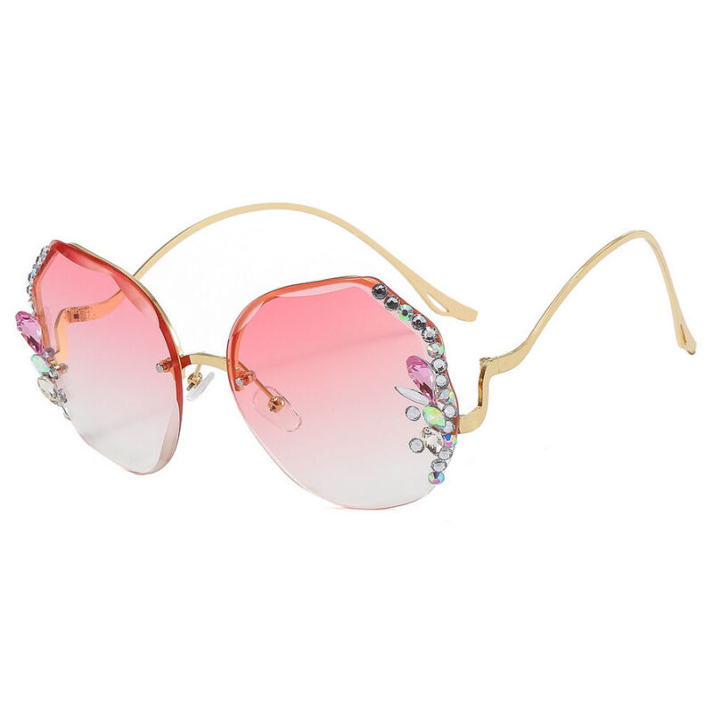 Gradient Pink Diamond & Floral Womens Upside Down Geometric Frameless Sunglasses