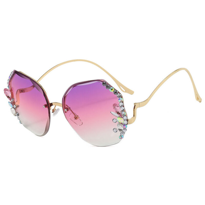 Gradient Purple Diamond & Floral Womens Upside Down Geometric Frameless Sunglasses