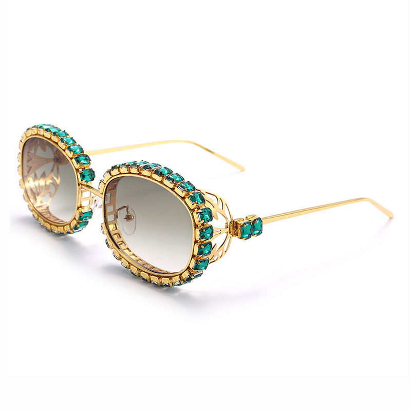 Green Cutout Crystal-Embellished Gradient Oval Sunglasses Gold-Tone/Gradient Green
