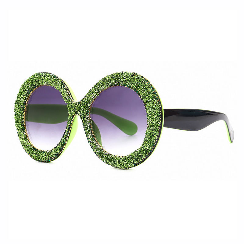 Green Glitter Crystal Embellished Oversize Round Sunglasses Black Frame Gradient Grey Lens