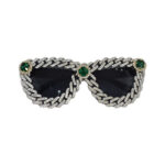 Green Rhinestones Chain-Rimmed Cat-Eye Sunglasses Silver-Tone/Grey
