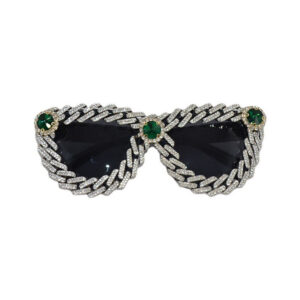 Green Rhinestones Chain-Rimmed Cat-Eye Sunglasses Silver-Tone/Grey