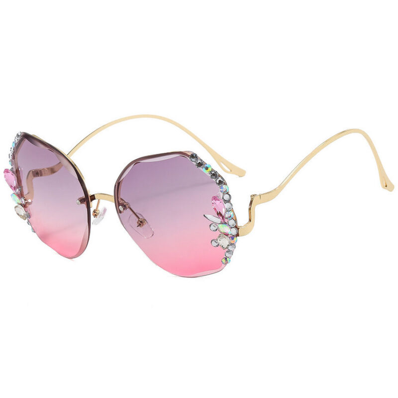 Grey Pink Diamond & Floral Womens Upside Down Geometric Frameless Sunglasses