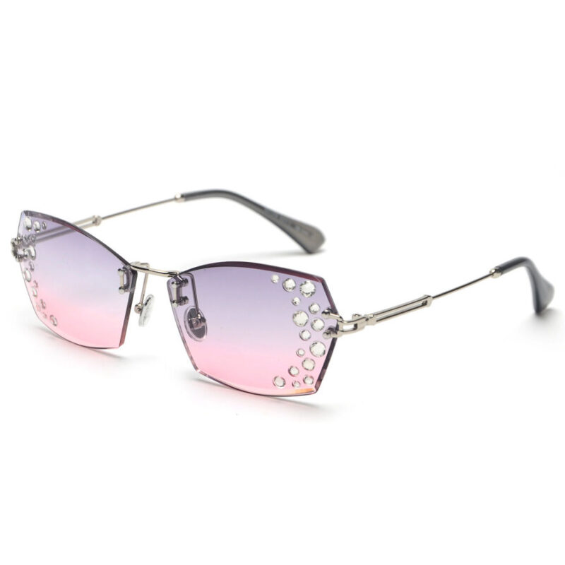 Grey Pink Diamonds-Embellished Lens Frameless Cut-Edge Sunglasses