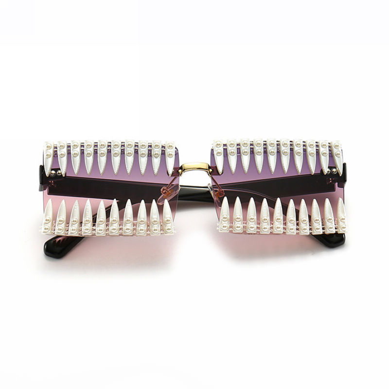 Handmade Pearl Spiked Decor Square Sunglasses Black Arms Gradient Purple Lens
