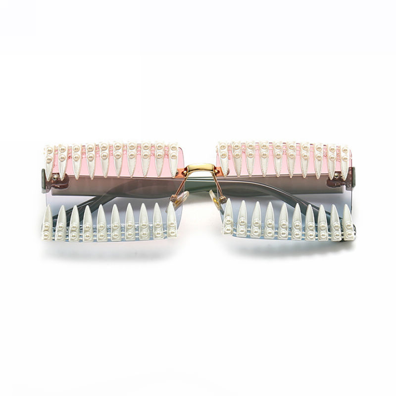 Handmade Pearl Spiked Decor Square Sunglasses Green/Pink Blue