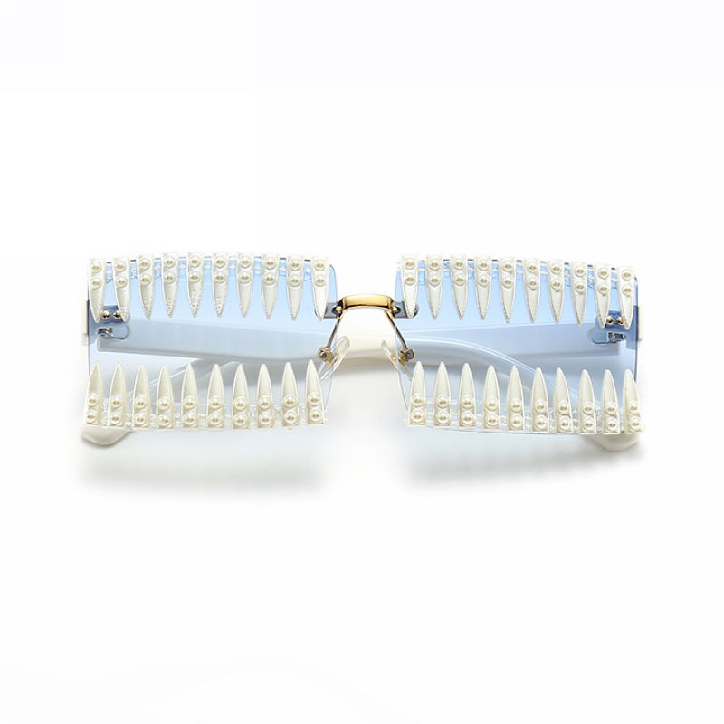 Handmade Pearl Spiked Decor Square Sunglasses White Arms Gradient Blue Lens