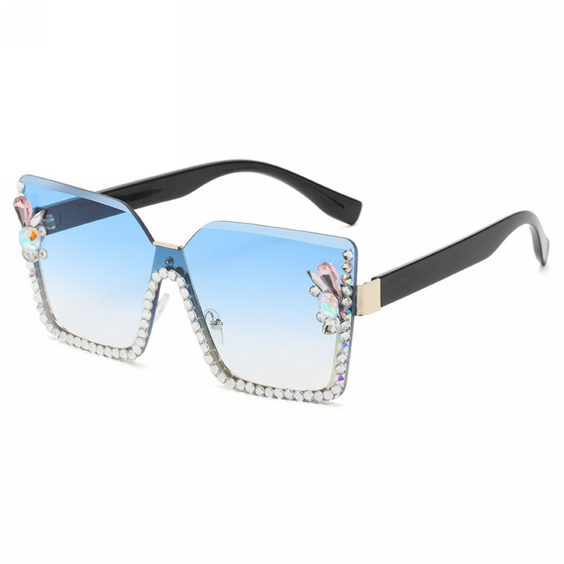 Ice Blue Rhinestone-Embellished Bling Frameless Oversized Sunglasses
