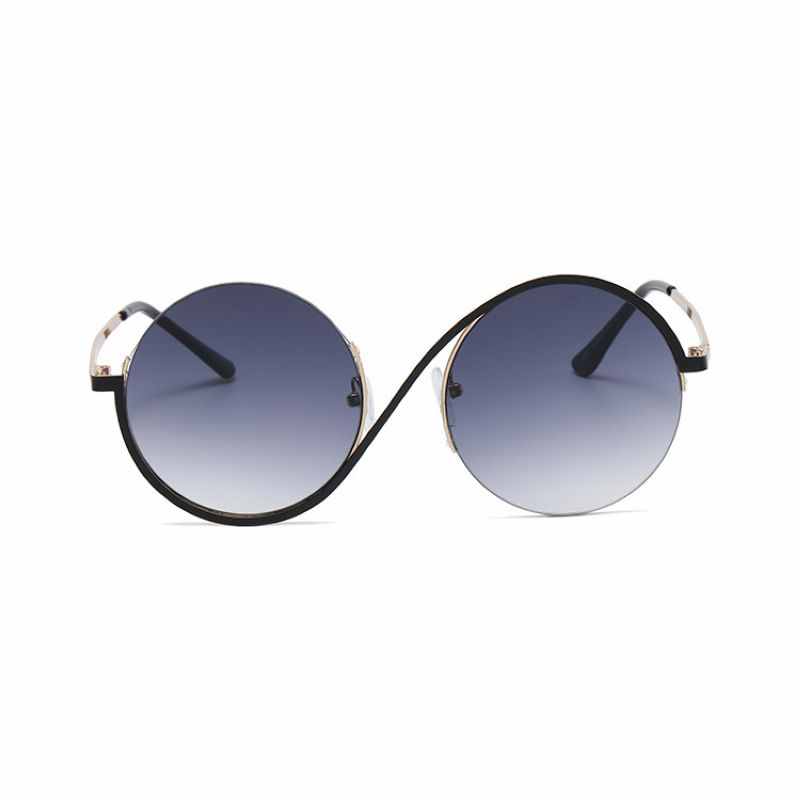 Irregular Half Rim Round Sunglasses Black Gold Frame Gradient Grey Lens