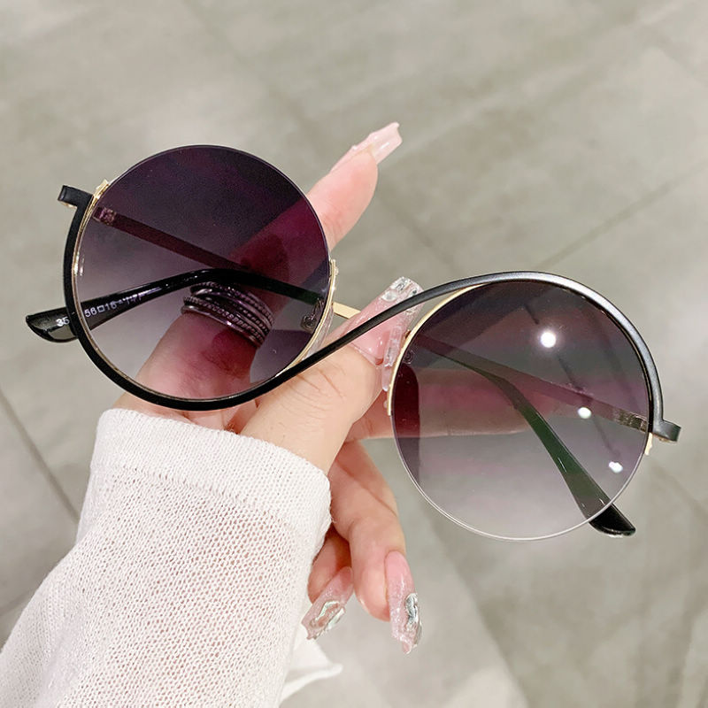 Irregular Half Rim Round Sunglasses Black/Gradient Grey