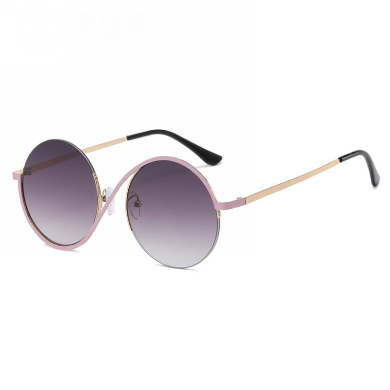 Irregular Half Rim Round Sunglasses Pink Gold Frame Gradient Purple Lens