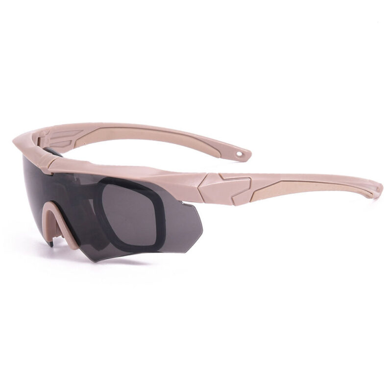 Khaki Frameless Wraparound Safety Tactical Sunglasses with 3 Interchangeable Lens