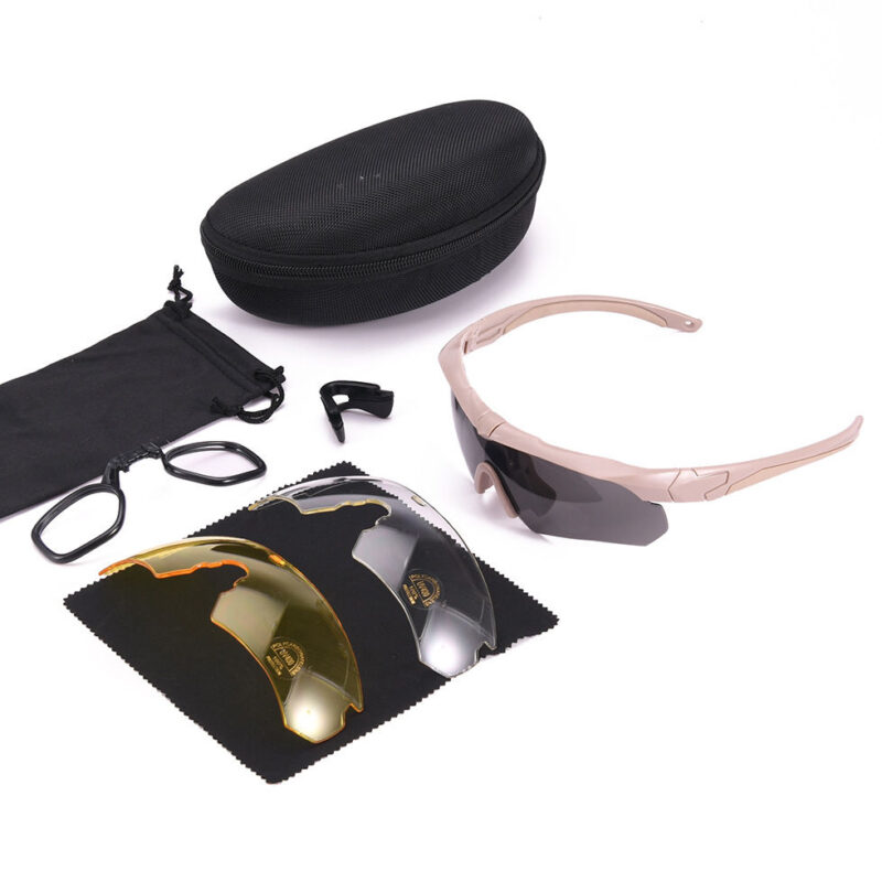 Khaki Frameless Wraparound Safety Tactical Sunglasses with 3 Interchangeable Lens Set