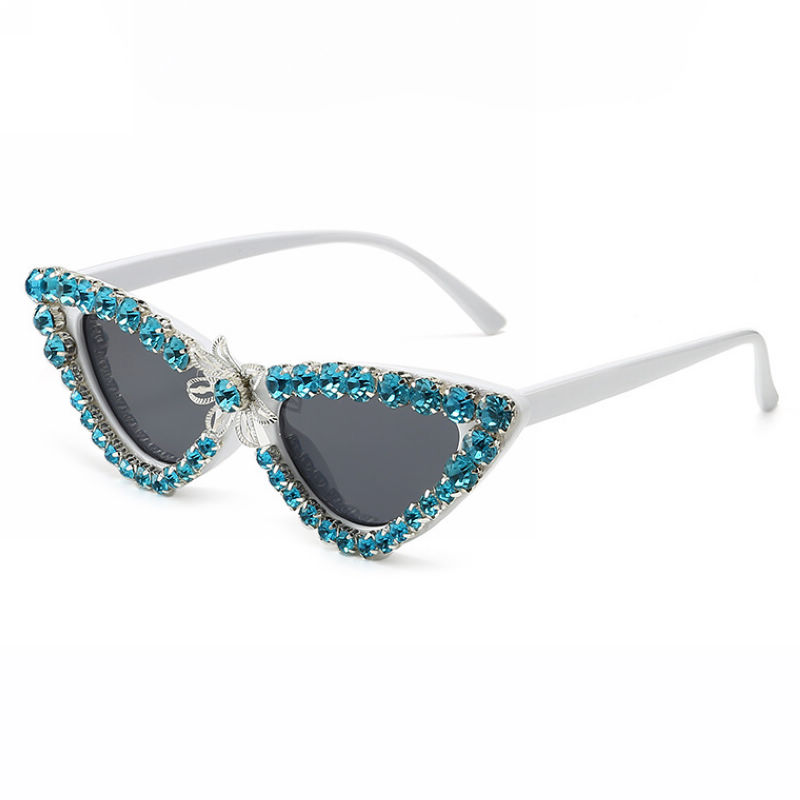 Light Blue Sparkling Crystal Flower Embellished Cat-Eye Sunglasses