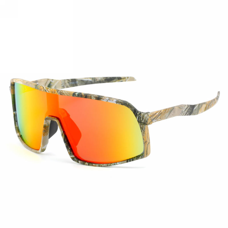 Mens Polarized Wrap Shield Cycling Sunglasses Camo Green Frame Mirrored Red Lens
