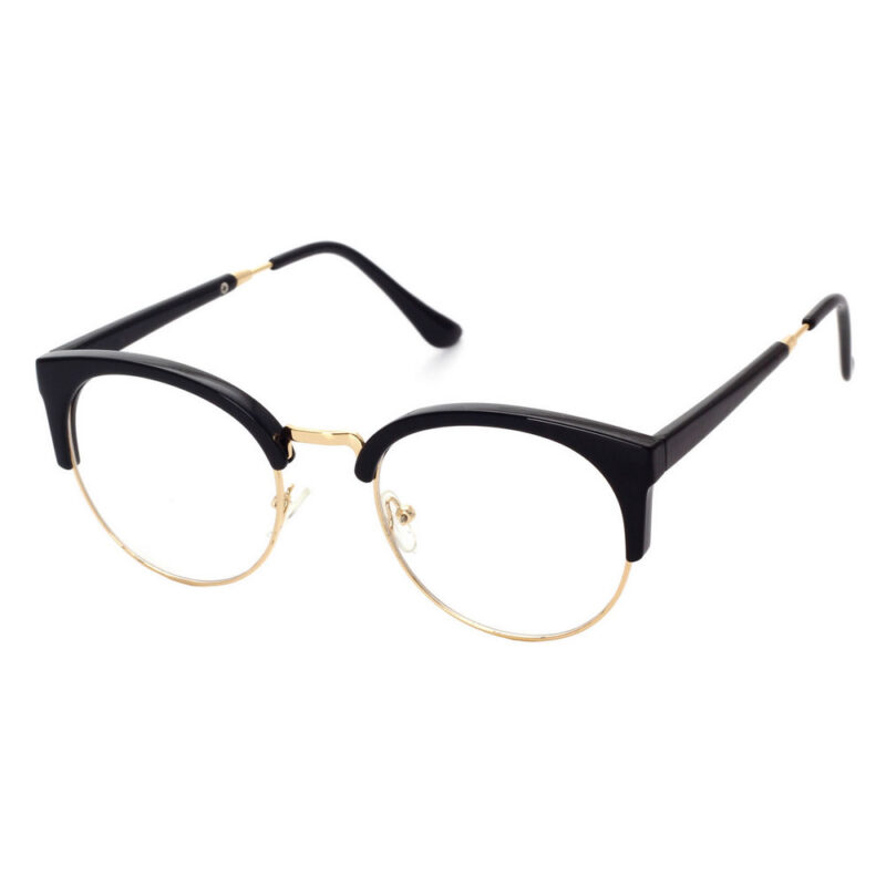 Metal & Acetate Vintage Nerd Round Frame Glasses Black Gold