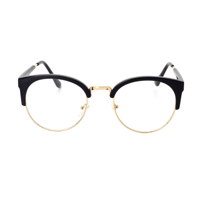 Metal & Acetate Vintage Nerd Round Frame Glasses Black Gold/Clear