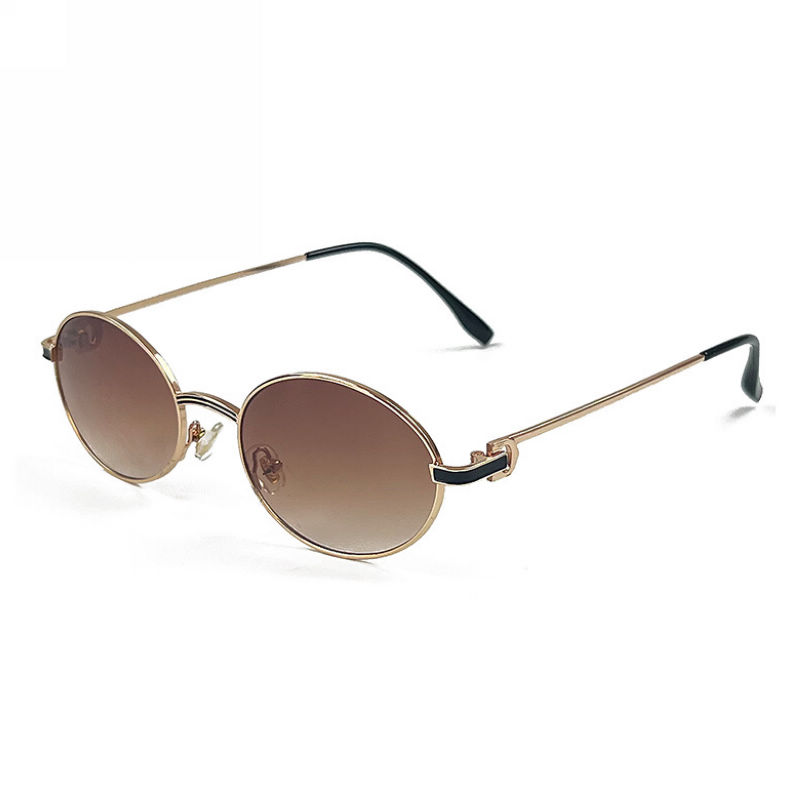 Metal Rim Retro Oval Sunglasses For Women Gold Frame Brown Lens