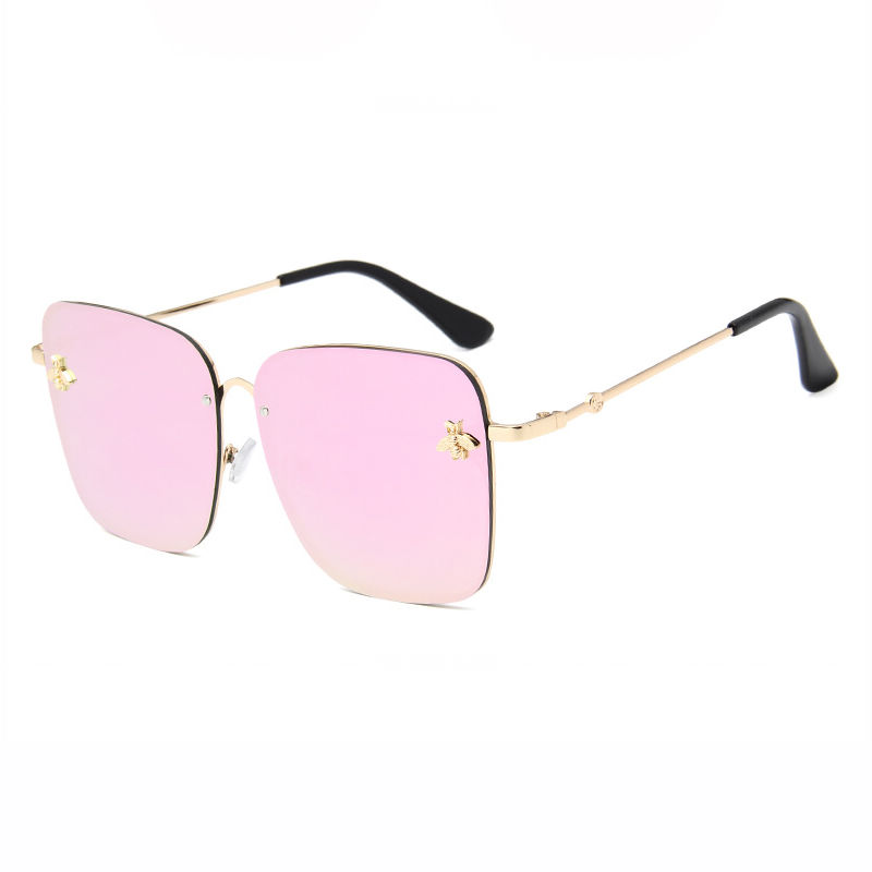 Mirrored Pink Bee-Embellished Metal Big Square Womens Sunglasses
