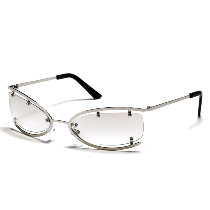 Mirrored White Semi-Rimless Modified Oval Metal Frame Sunglasses