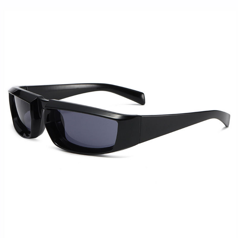 Narrow Rectangle Wrap Sport Sunglasses Black Frame Grey Lens