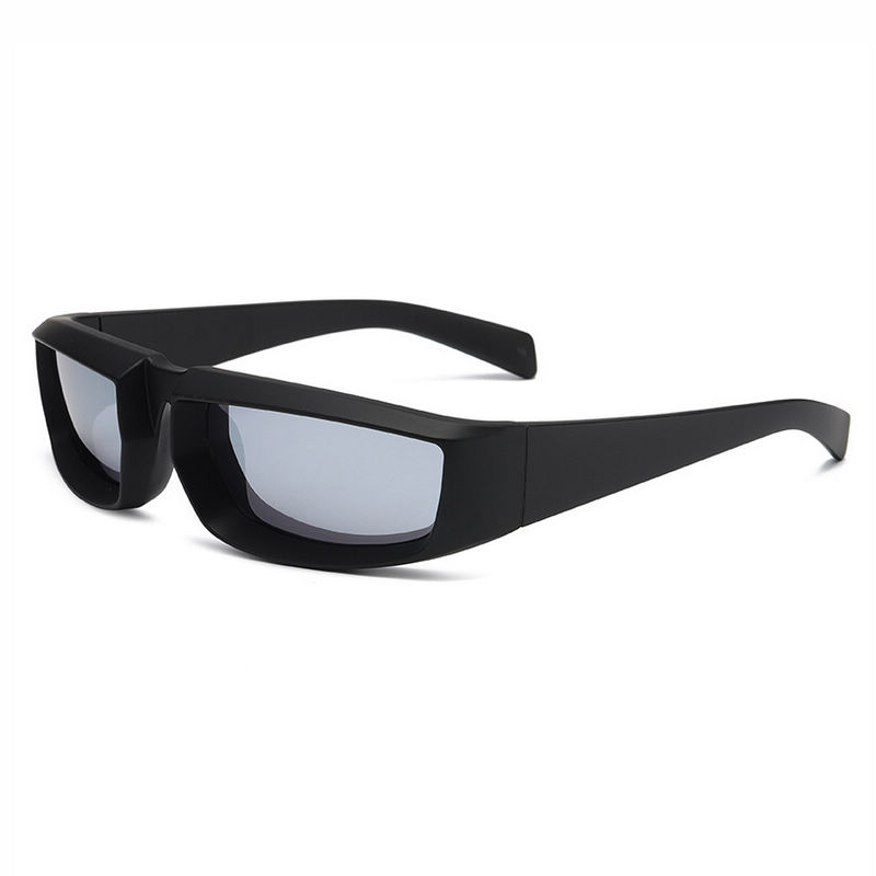 Narrow Rectangle Wrap Sport Sunglasses Black Frame Mirrored Silver Lens