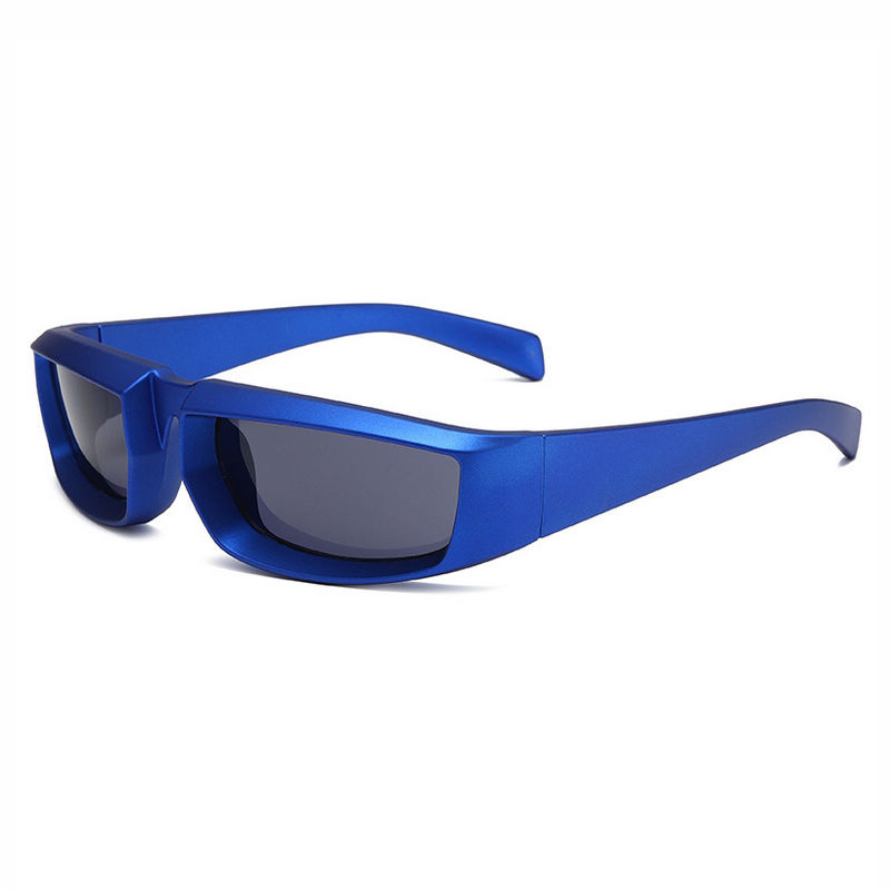 Narrow Rectangle Wrap Sport Sunglasses Blue Frame Grey Lens