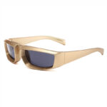 Narrow Rectangle Wrap Sport Sunglasses Gold Frame Grey Lens
