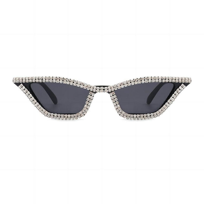 Narrow Triangle Diamond-Studded Cat-Eye Sunglasses Black Frame Grey Lens