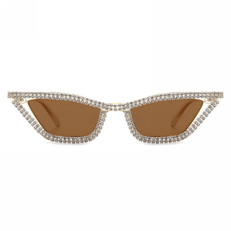 Narrow Triangle Diamond-Studded Cat-Eye Sunglasses Champagne/Brown