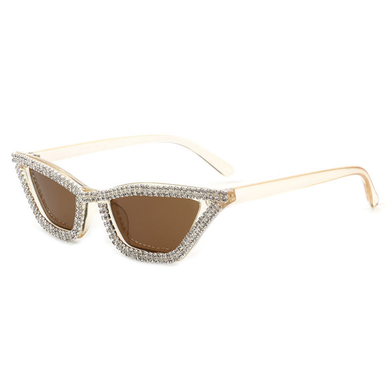 Narrow Triangle Diamond-Studded Cat-Eye Sunglasses Champagne Frame Brown Lens