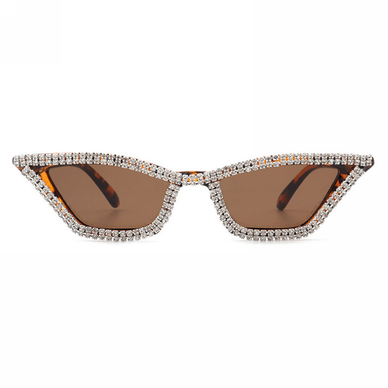 Narrow Triangle Diamond-Studded Cat-Eye Sunglasses Tortoise Brown Frame
