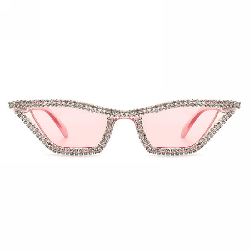 Narrow Triangle Diamond-Studded Cat-Eye Sunglasses Transparent Pink/Tinted Pink