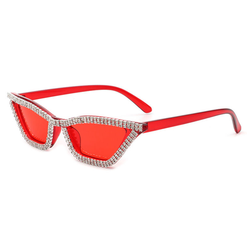 Narrow Triangle Diamond-Studded Cat-Eye Sunglasses Transparent Red