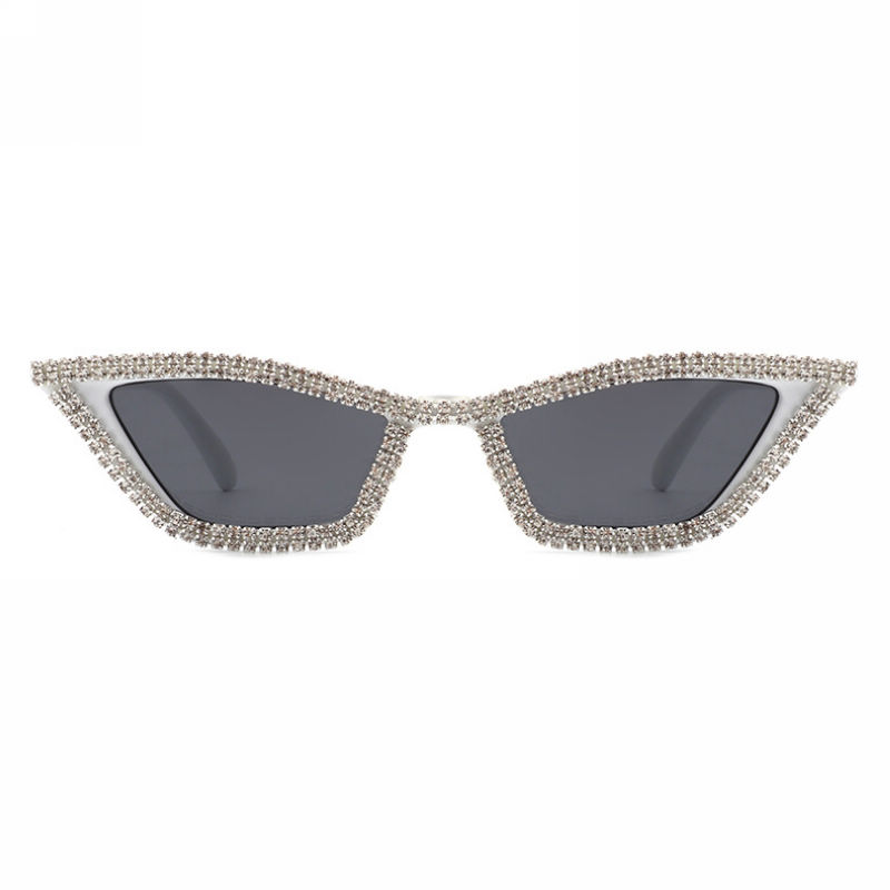 Narrow Triangle Diamond-Studded Cat-Eye Sunglasses White/Grey