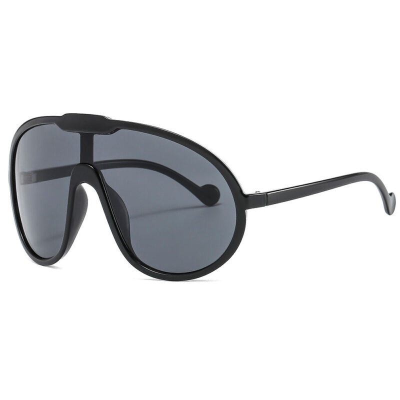 One-Piece Lens Large Shield Sunglasses Black Frame Grey Lens